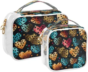 Transparent Travel Organizer Set (2-Pack) - Waterproof PVC Cosmetic & Toiletry Storage Bags with Double Zippers for Home, Trips, and Essentials Organization - Heart Flowers Cheetah Print