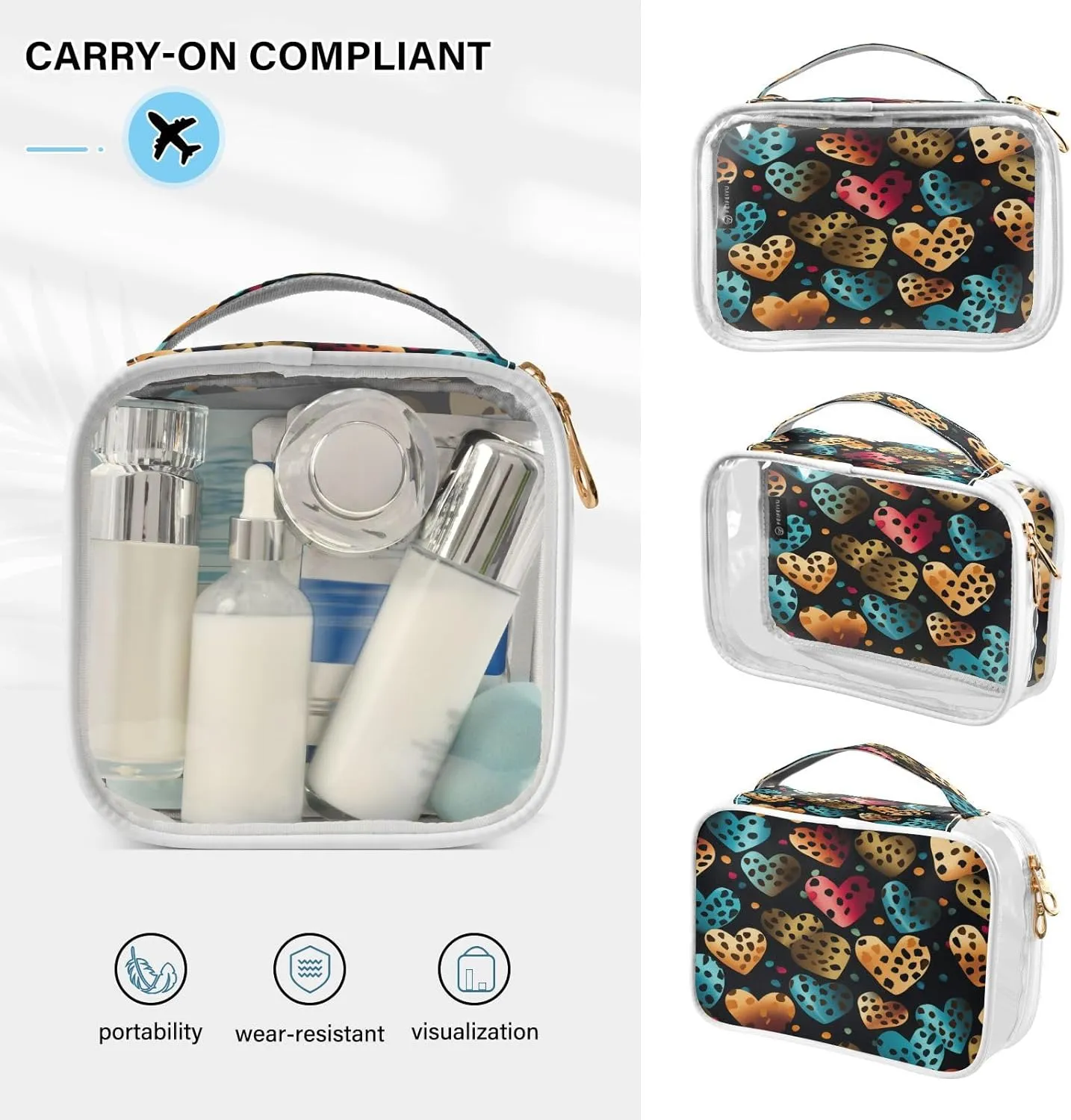 Transparent Travel Organizer Set (2-Pack) - Waterproof PVC Cosmetic & Toiletry Storage Bags with Double Zippers for Home, Trips, and Essentials Organization - Heart Flowers Cheetah Print