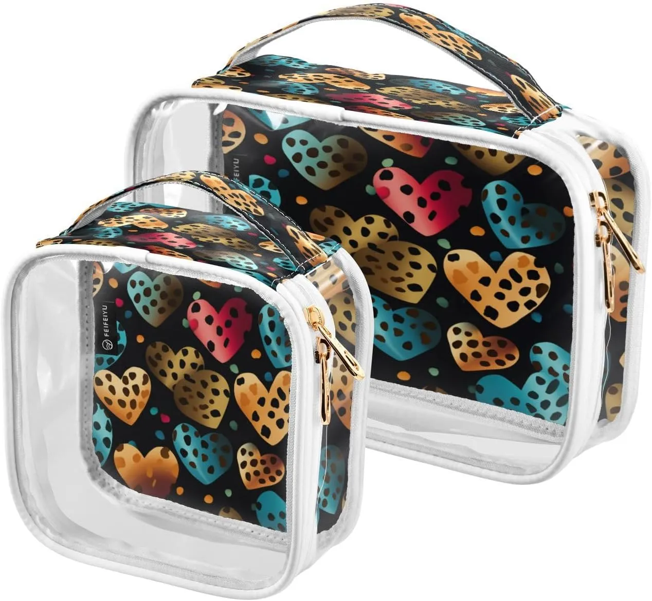 Transparent Travel Organizer Set (2-Pack) - Waterproof PVC Cosmetic & Toiletry Storage Bags with Double Zippers for Home, Trips, and Essentials Organization - Heart Flowers Cheetah Print