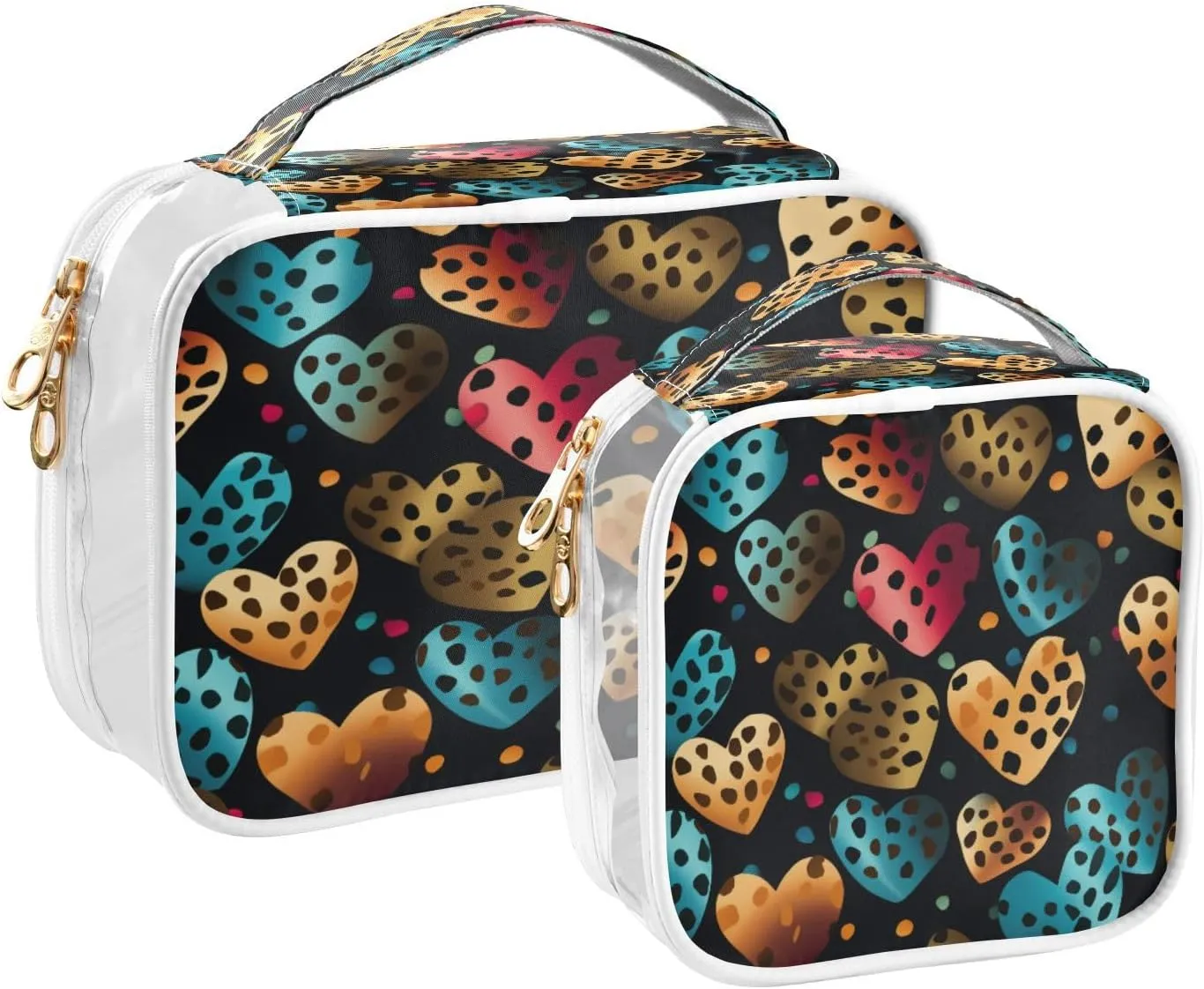 Transparent Travel Organizer Set (2-Pack) - Waterproof PVC Cosmetic & Toiletry Storage Bags with Double Zippers for Home, Trips, and Essentials Organization - Heart Flowers Cheetah Print