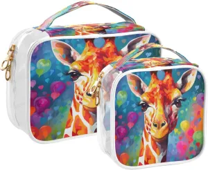 Transparent Travel Organizer Set (2-Pack) - Waterproof PVC Cosmetic & Toiletry Storage Bags with Double Zippers for Home, Trips, and Essentials Organization - Heart Flowers Giraffe (1)