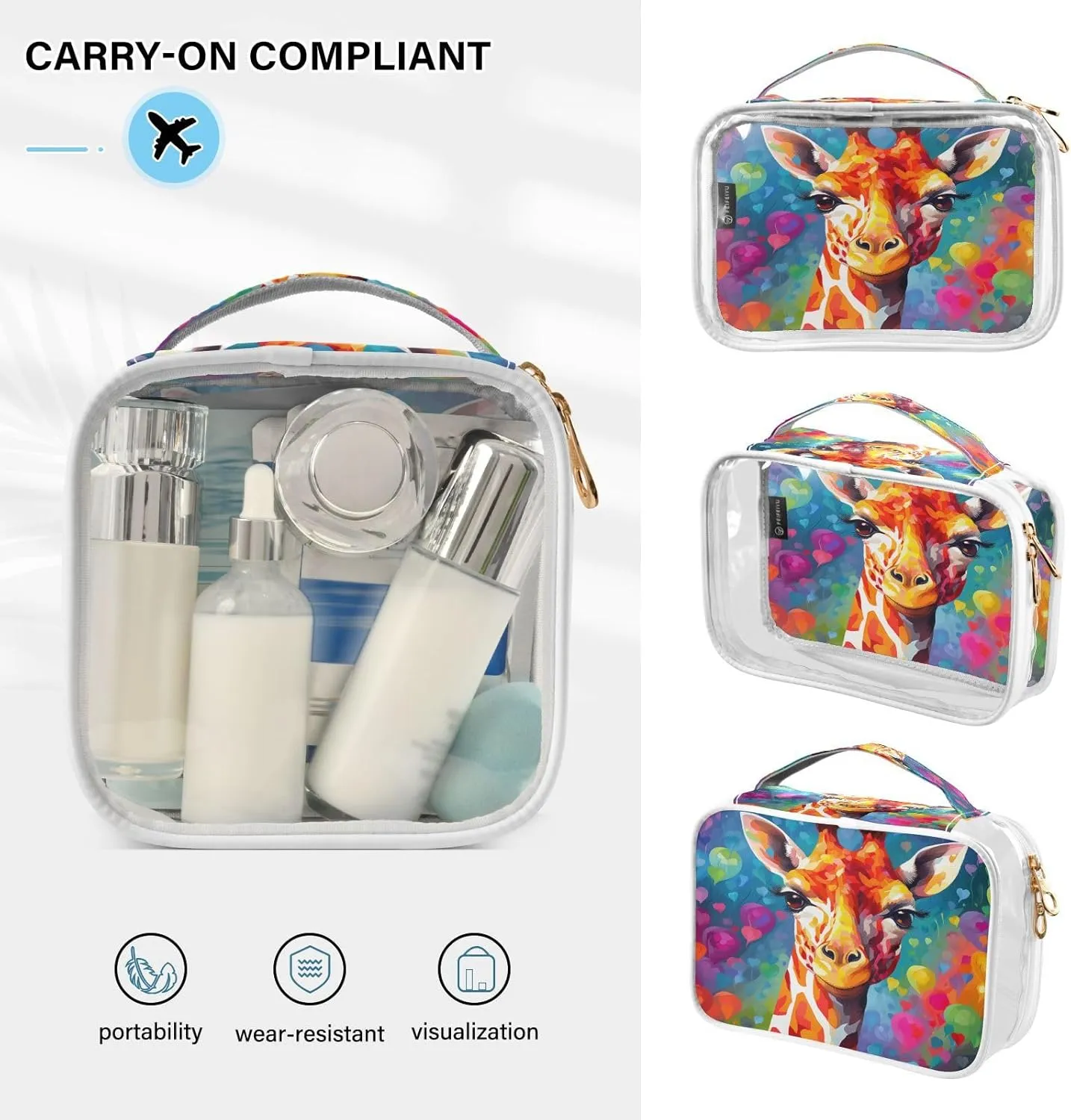 Transparent Travel Organizer Set (2-Pack) - Waterproof PVC Cosmetic & Toiletry Storage Bags with Double Zippers for Home, Trips, and Essentials Organization - Heart Flowers Giraffe (1)