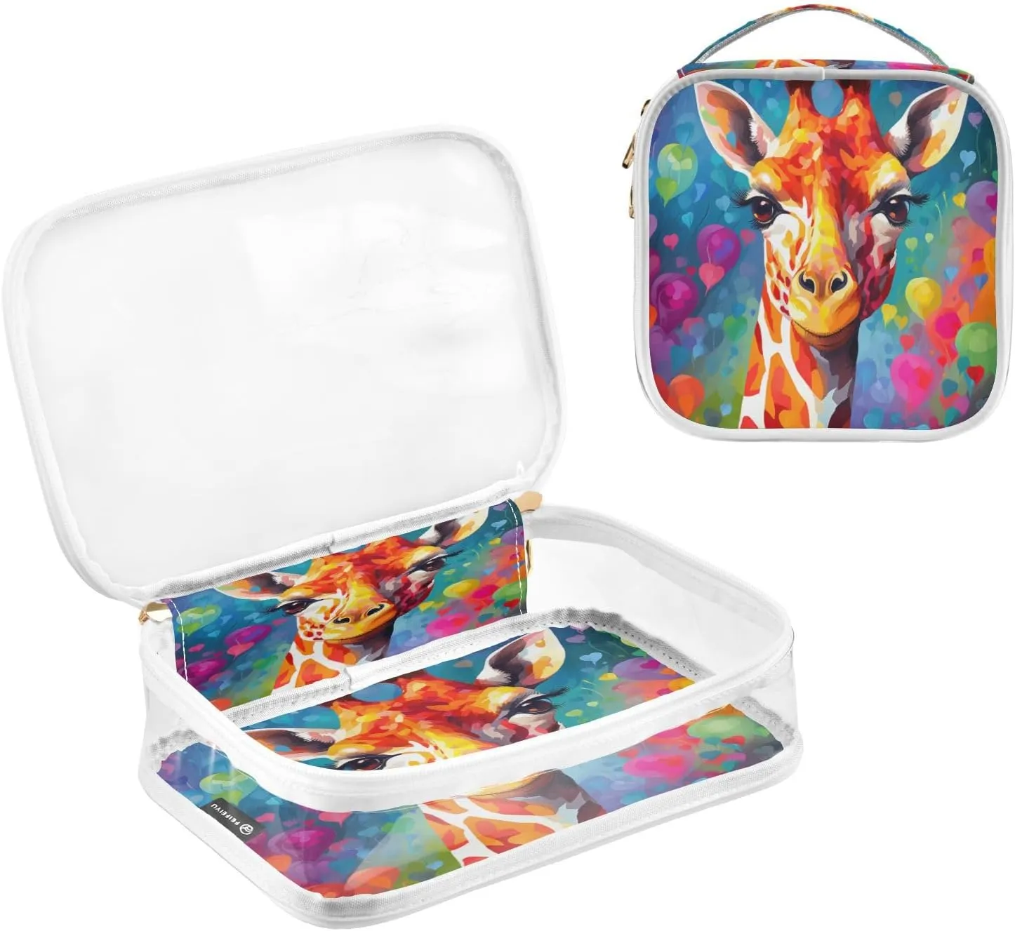 Transparent Travel Organizer Set (2-Pack) - Waterproof PVC Cosmetic & Toiletry Storage Bags with Double Zippers for Home, Trips, and Essentials Organization - Heart Flowers Giraffe (1)