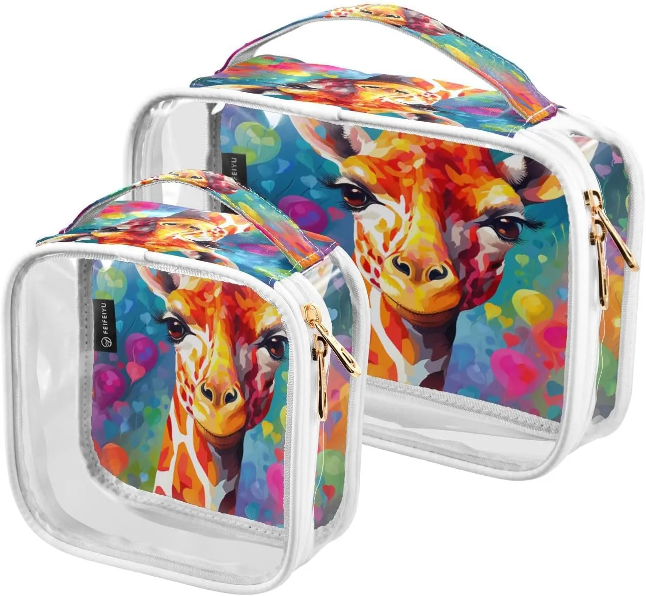 Transparent Travel Organizer Set (2-Pack) - Waterproof PVC Cosmetic & Toiletry Storage Bags with Double Zippers for Home, Trips, and Essentials Organization - Heart Flowers Giraffe (1)