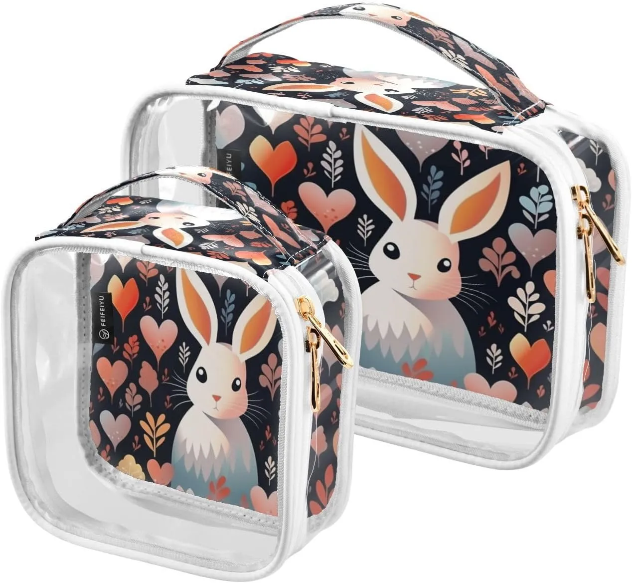 Transparent Travel Organizer Set (2-Pack) - Waterproof PVC Cosmetic & Toiletry Storage Bags with Double Zippers for Home, Trips, and Essentials Organization - Heart Rabbit (1)