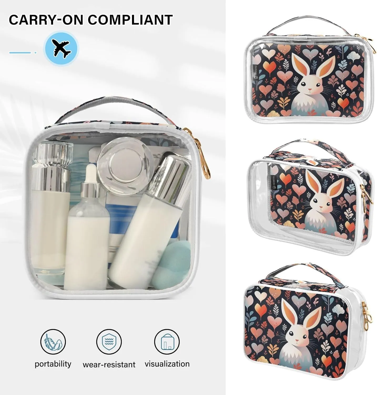 Transparent Travel Organizer Set (2-Pack) - Waterproof PVC Cosmetic & Toiletry Storage Bags with Double Zippers for Home, Trips, and Essentials Organization - Heart Rabbit (1)