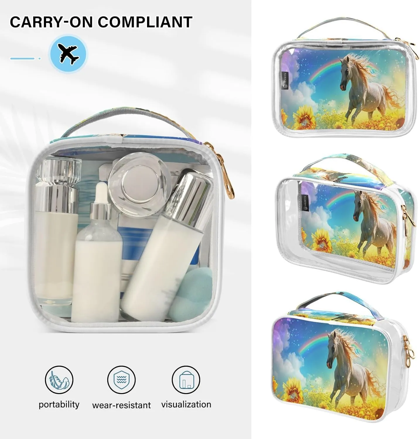 Transparent Travel Organizer Set (2-Pack) - Waterproof PVC Cosmetic & Toiletry Storage Bags with Double Zippers for Home, Trips, and Essentials Organization - Horse (10)