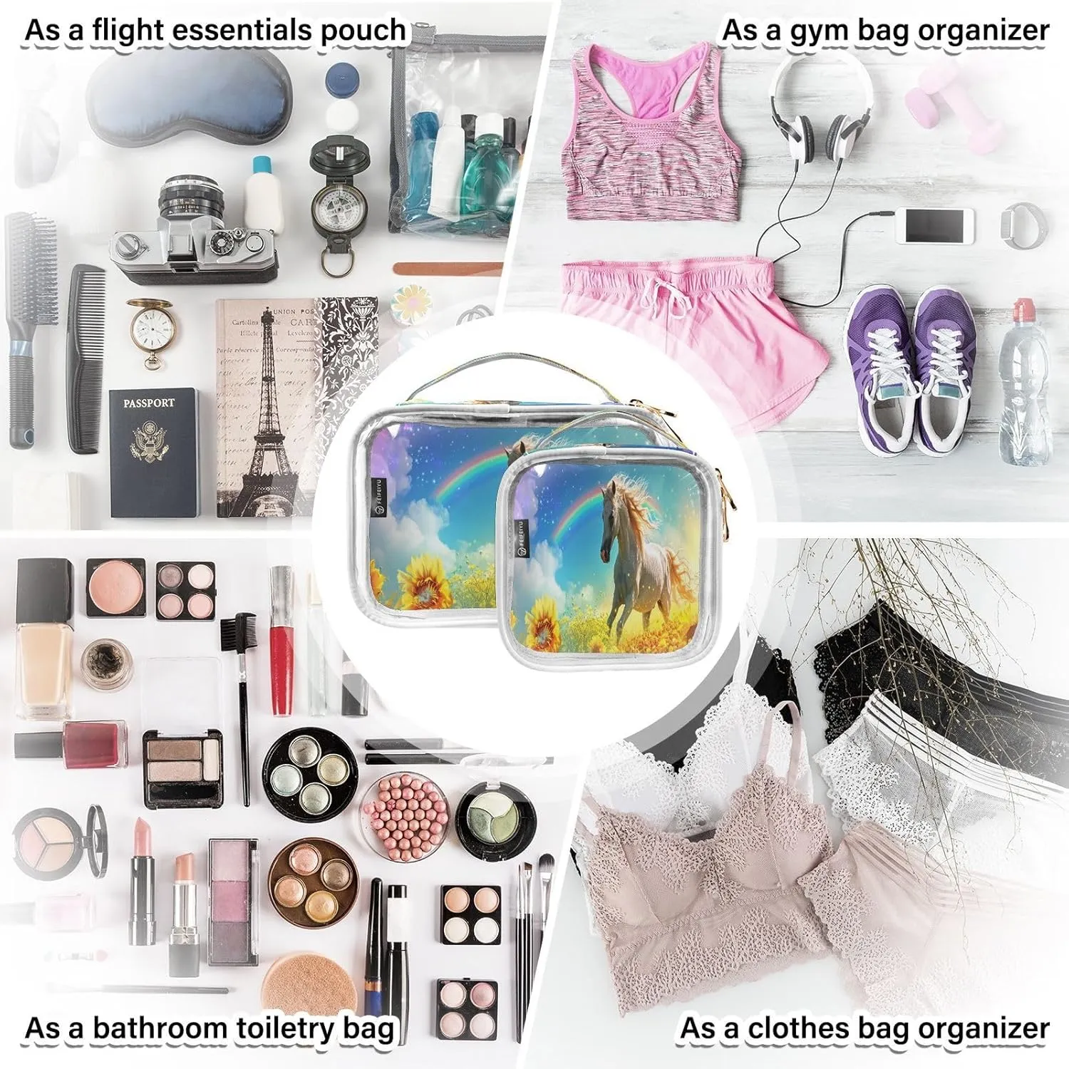 Transparent Travel Organizer Set (2-Pack) - Waterproof PVC Cosmetic & Toiletry Storage Bags with Double Zippers for Home, Trips, and Essentials Organization - Horse (10)