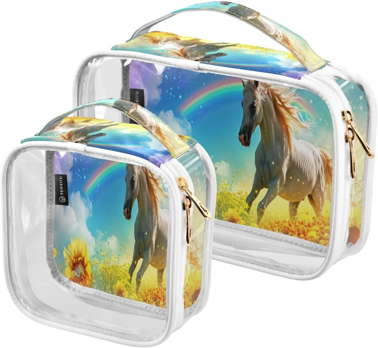 Transparent Travel Organizer Set (2-Pack) - Waterproof PVC Cosmetic & Toiletry Storage Bags with Double Zippers for Home, Trips, and Essentials Organization - Horse (10)