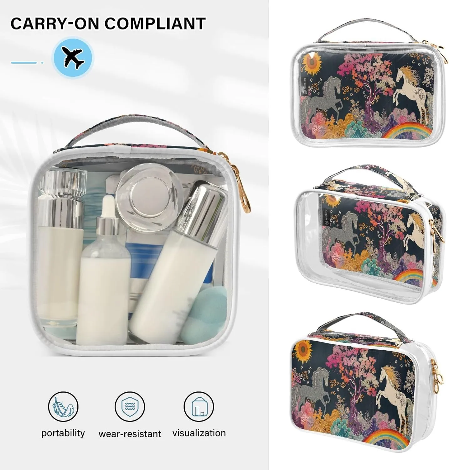 Transparent Travel Organizer Set (2-Pack) - Waterproof PVC Cosmetic & Toiletry Storage Bags with Double Zippers for Home, Trips, and Essentials Organization - Horse (1)