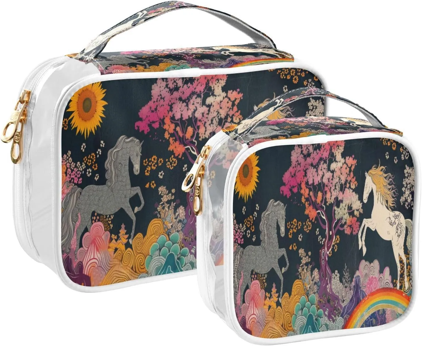 Transparent Travel Organizer Set (2-Pack) - Waterproof PVC Cosmetic & Toiletry Storage Bags with Double Zippers for Home, Trips, and Essentials Organization - Horse (1)