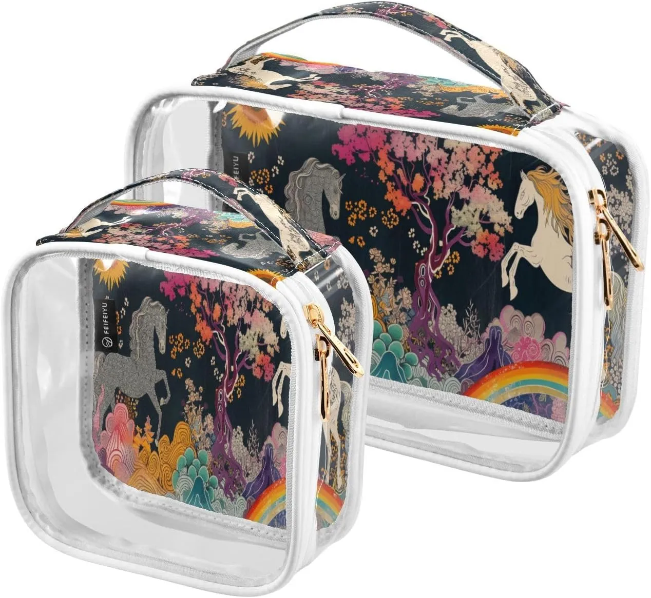 Transparent Travel Organizer Set (2-Pack) - Waterproof PVC Cosmetic & Toiletry Storage Bags with Double Zippers for Home, Trips, and Essentials Organization - Horse (1)