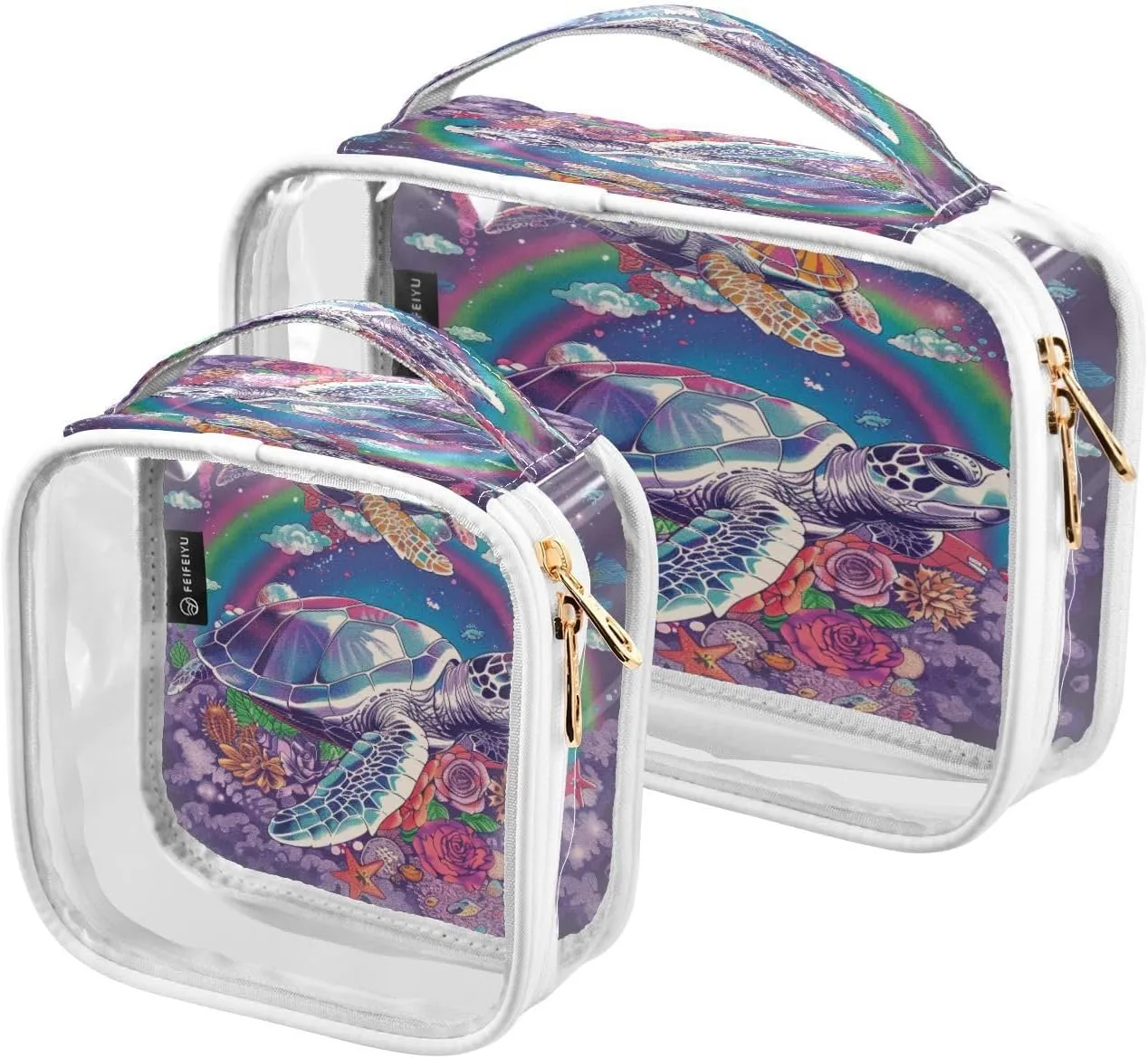 Transparent Travel Organizer Set (2-Pack) - Waterproof PVC Cosmetic & Toiletry Storage Bags with Double Zippers for Home, Trips, and Essentials Organization - Sea Turtle (4)