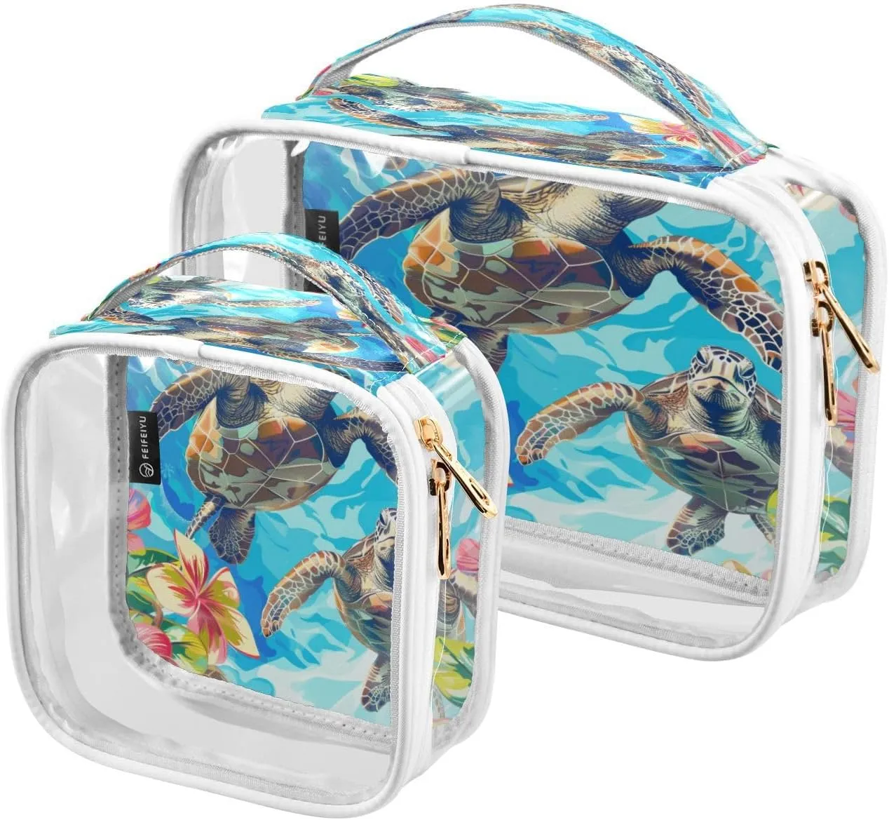 Transparent Travel Organizer Set (2-Pack) - Waterproof PVC Cosmetic & Toiletry Storage Bags with Double Zippers for Home, Trips, and Essentials Organization - Sea Turtle (6)