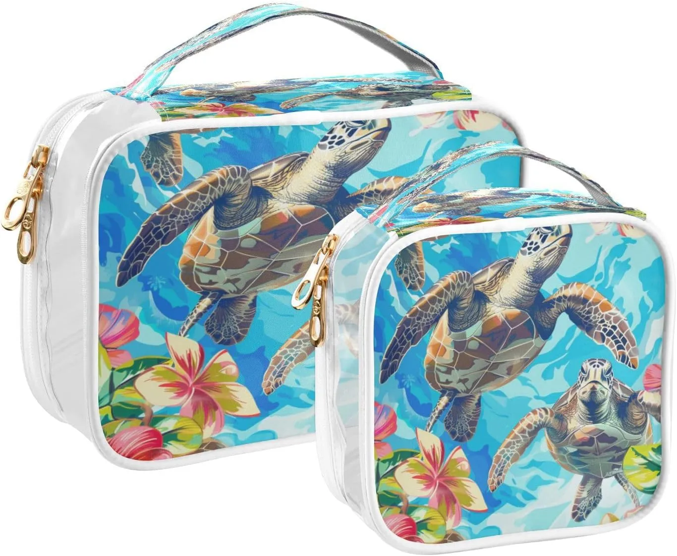 Transparent Travel Organizer Set (2-Pack) - Waterproof PVC Cosmetic & Toiletry Storage Bags with Double Zippers for Home, Trips, and Essentials Organization - Sea Turtle (6)
