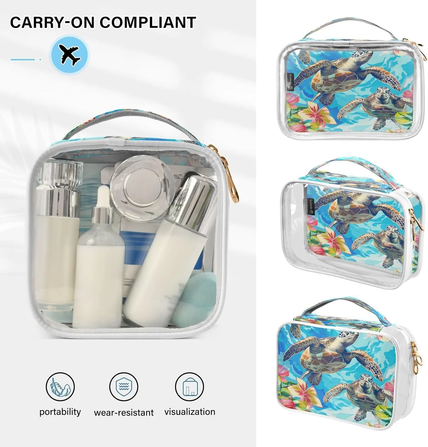 Transparent Travel Organizer Set (2-Pack) - Waterproof PVC Cosmetic & Toiletry Storage Bags with Double Zippers for Home, Trips, and Essentials Organization - Sea Turtle (6)