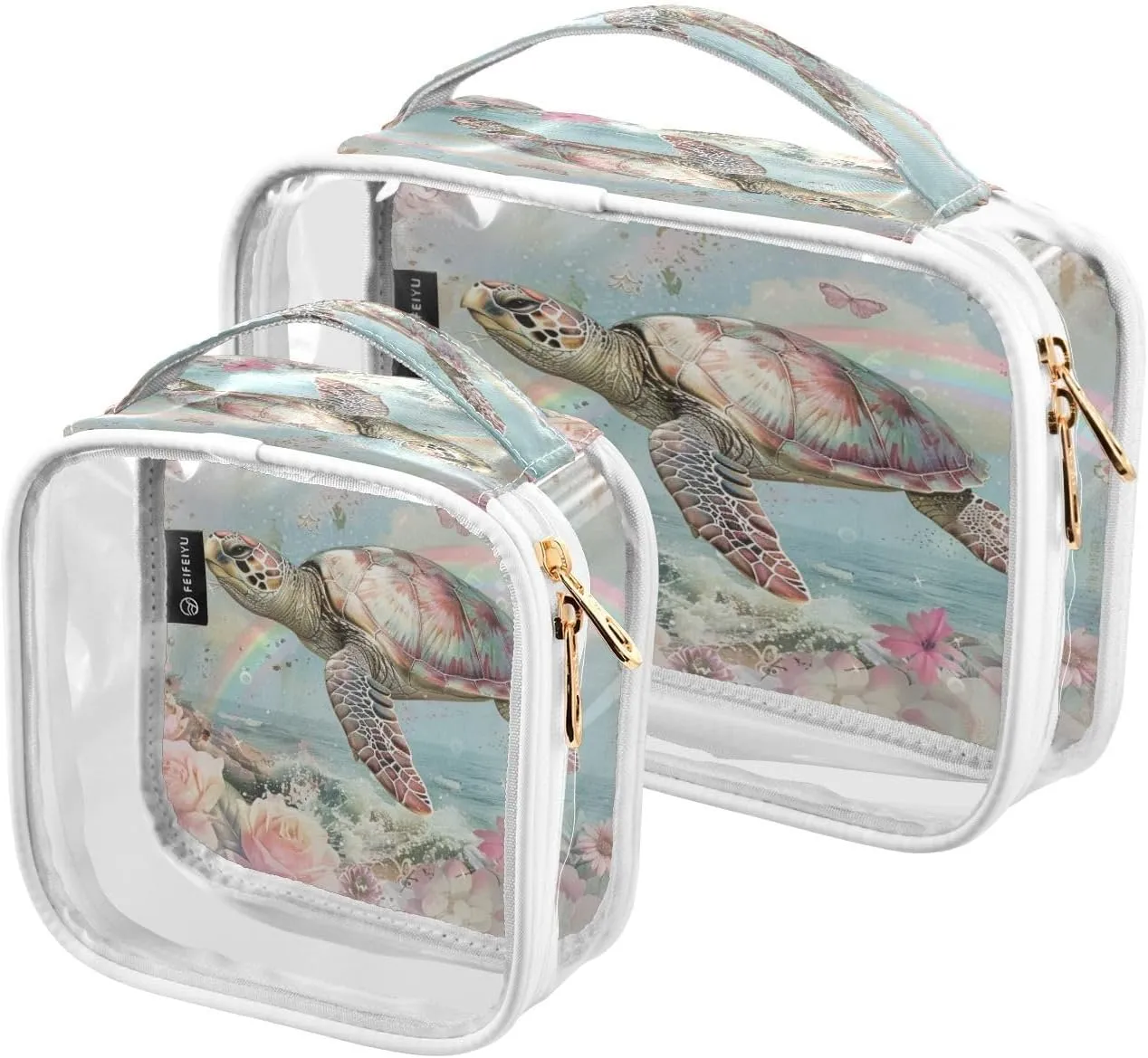 Transparent Travel Organizer Set (2-Pack) - Waterproof PVC Cosmetic & Toiletry Storage Bags with Double Zippers for Home, Trips, and Essentials Organization - Sea Turtle (9)