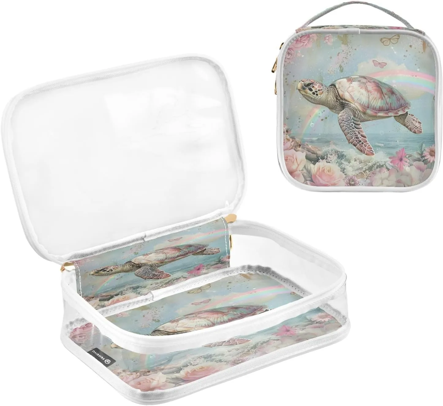 Transparent Travel Organizer Set (2-Pack) - Waterproof PVC Cosmetic & Toiletry Storage Bags with Double Zippers for Home, Trips, and Essentials Organization - Sea Turtle (9)
