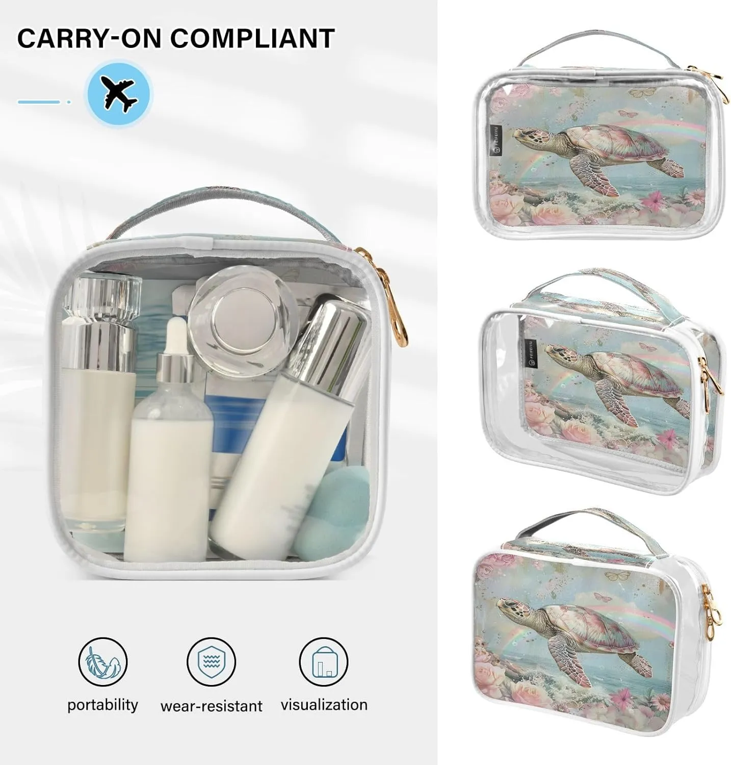 Transparent Travel Organizer Set (2-Pack) - Waterproof PVC Cosmetic & Toiletry Storage Bags with Double Zippers for Home, Trips, and Essentials Organization - Sea Turtle (9)