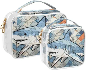 Transparent Travel Organizer Set (2-Pack) - Waterproof PVC Cosmetic & Toiletry Storage Bags with Double Zippers for Home, Trips, and Essentials Organization - Stained Glass Shark
