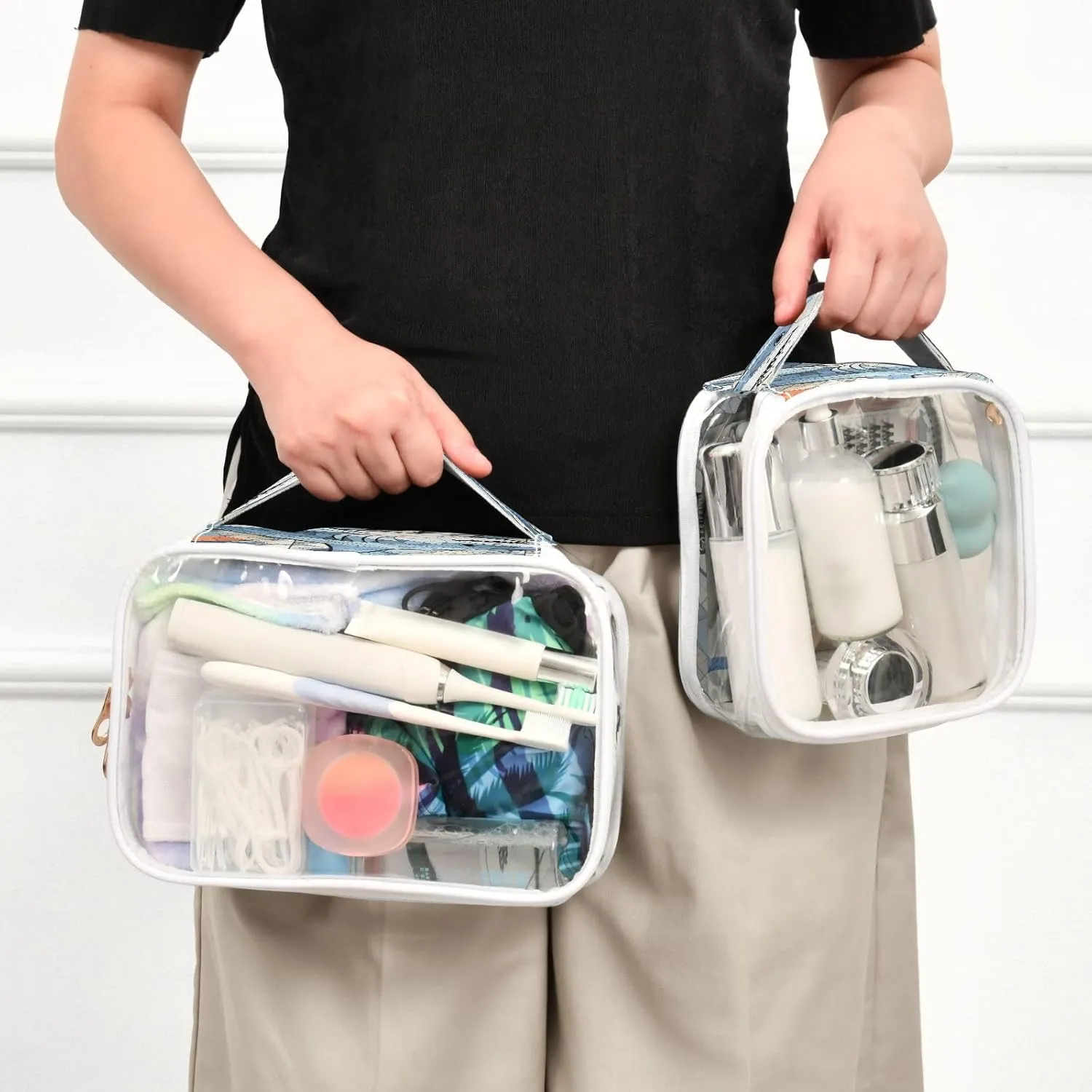 Transparent Travel Organizer Set (2-Pack) - Waterproof PVC Cosmetic & Toiletry Storage Bags with Double Zippers for Home, Trips, and Essentials Organization - Stained Glass Shark
