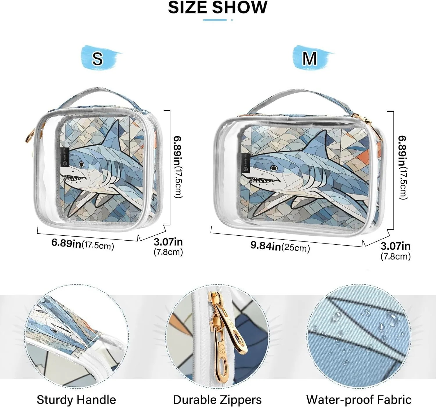 Transparent Travel Organizer Set (2-Pack) - Waterproof PVC Cosmetic & Toiletry Storage Bags with Double Zippers for Home, Trips, and Essentials Organization - Stained Glass Shark