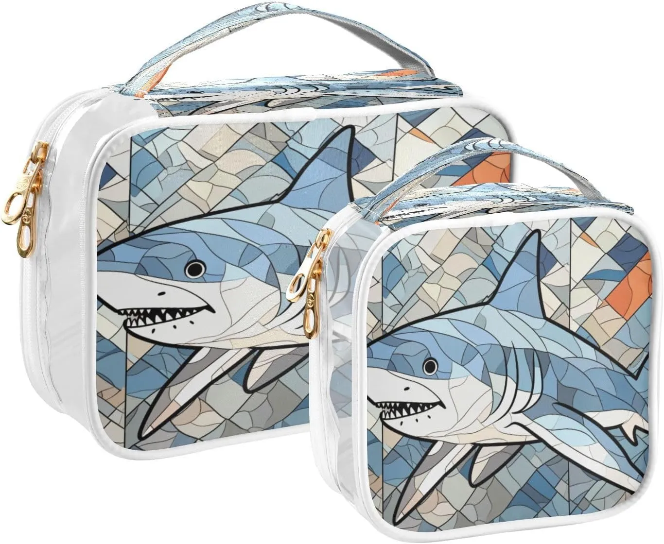 Transparent Travel Organizer Set (2-Pack) - Waterproof PVC Cosmetic & Toiletry Storage Bags with Double Zippers for Home, Trips, and Essentials Organization - Stained Glass Shark