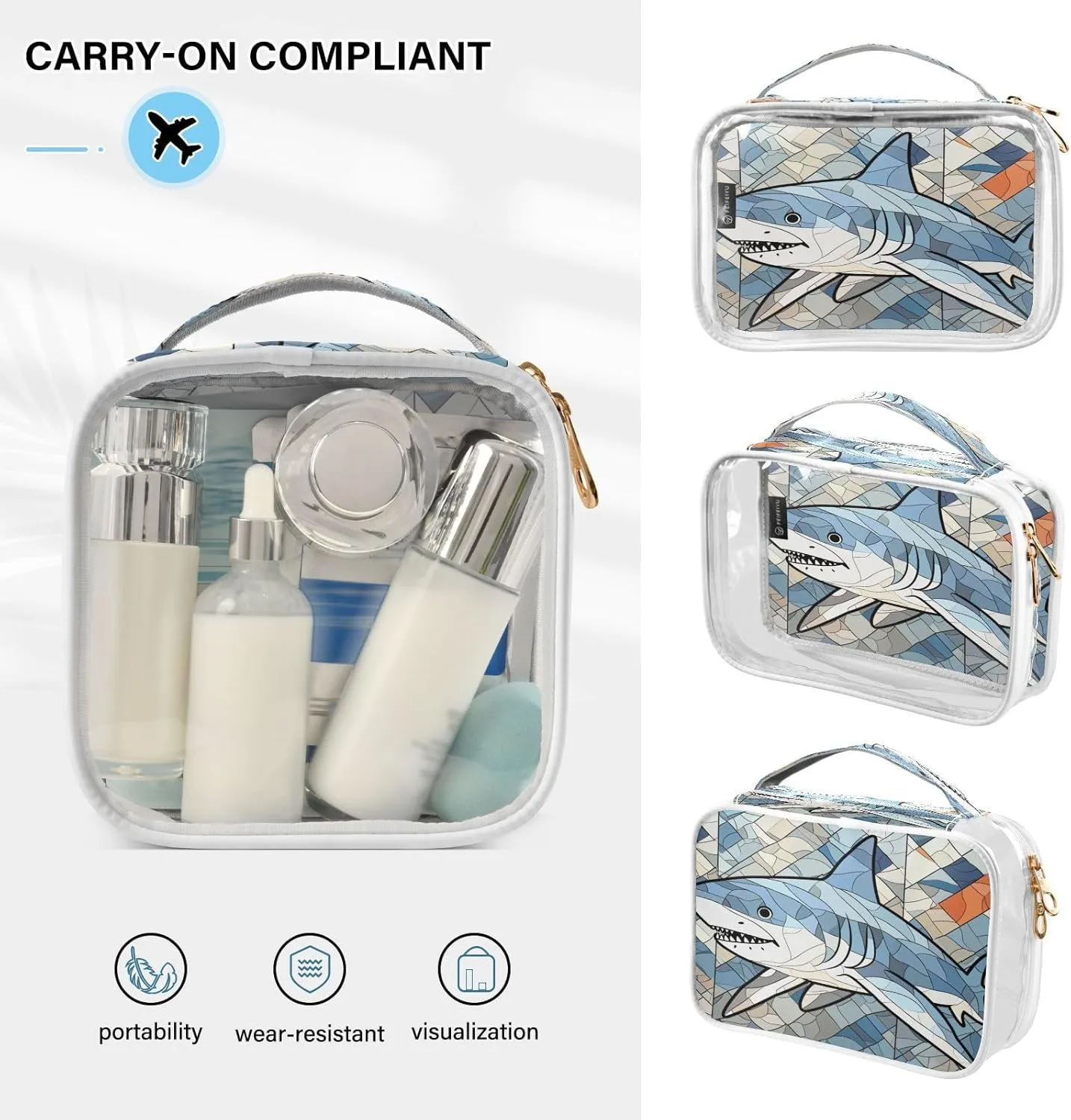 Transparent Travel Organizer Set (2-Pack) - Waterproof PVC Cosmetic & Toiletry Storage Bags with Double Zippers for Home, Trips, and Essentials Organization - Stained Glass Shark