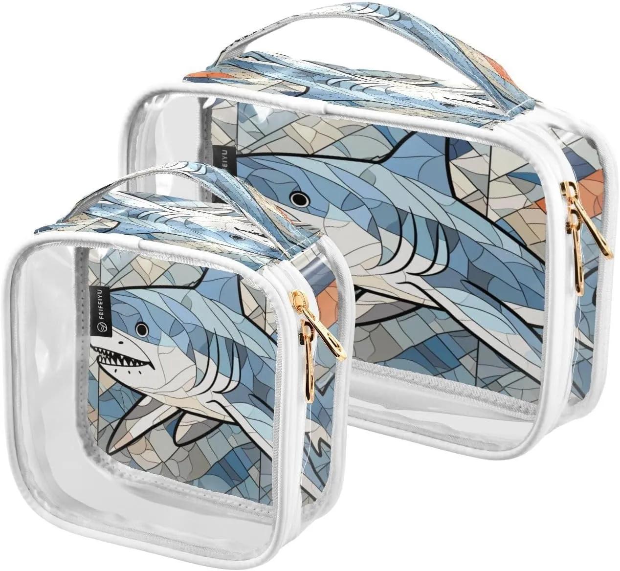 Transparent Travel Organizer Set (2-Pack) - Waterproof PVC Cosmetic & Toiletry Storage Bags with Double Zippers for Home, Trips, and Essentials Organization - Stained Glass Shark