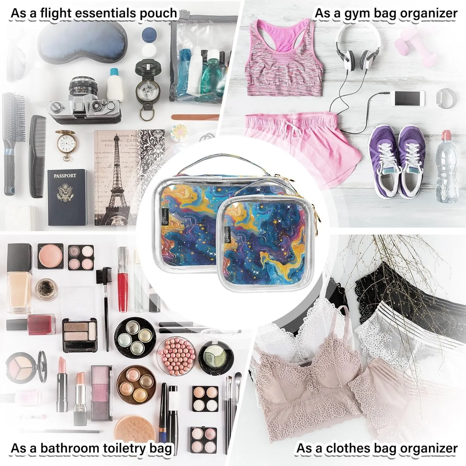 Transparent Travel Organizer Set (2-Pack) - Waterproof PVC Cosmetic & Toiletry Storage Bags with Double Zippers for Home, Trips, and Essentials Organization - Starry Sky Universe (7)
