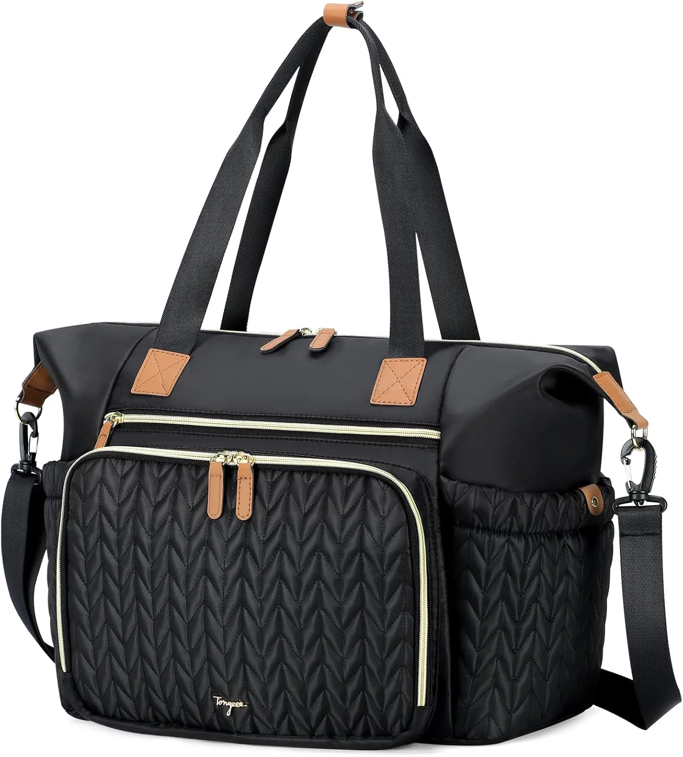 Travel Tote Bag for Women, Large Quilted Beach Bag with Zipper, Multi-Functional Work Tote, Canvas Shoulder Bag, Perfect for Travel, Gym, School, Work, and Everyday Use, Black