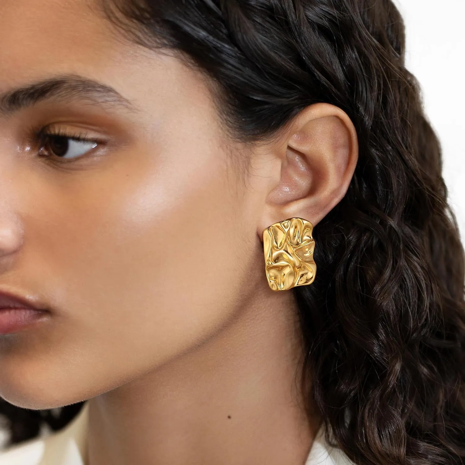 Trendy 14k Real Gold Hoop Earrings Chunky Jewelry Set For Women Fashion Clip Dangle Plated Statement Geometric Drop Hammered Cute Birthday Mom Gifts Water Proof Stud Earring For Womens