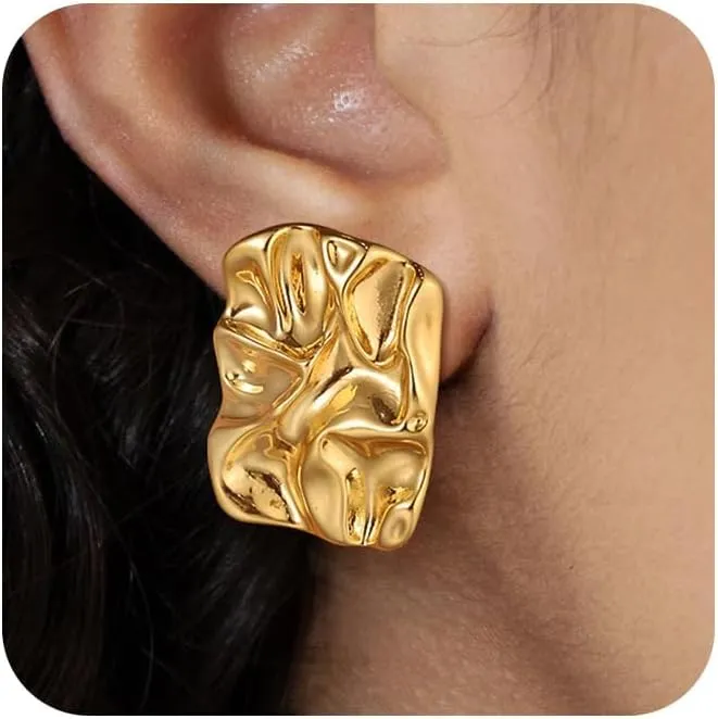 Trendy 14k Real Gold Hoop Earrings Chunky Jewelry Set For Women Fashion Clip Dangle Plated Statement Geometric Drop Hammered Cute Birthday Mom Gifts Water Proof Stud Earring For Womens