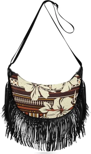 Tribal Grunge Hibiscus Flower Fringe Bag for Women Cross Body Bag Tassel Shoulder Bag Satchel