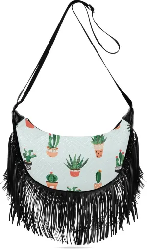 Tropical Cactus Succulent Plant Fringe Bag for Women Cross Body Bag Tassel Shoulder Bag Satchel