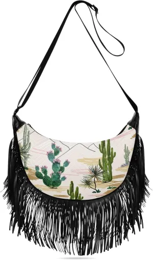 Tropical Cactuses Succulents Floral Fringe Bag for Women Cross Body Bag Tassel Shoulder Bag Satchel