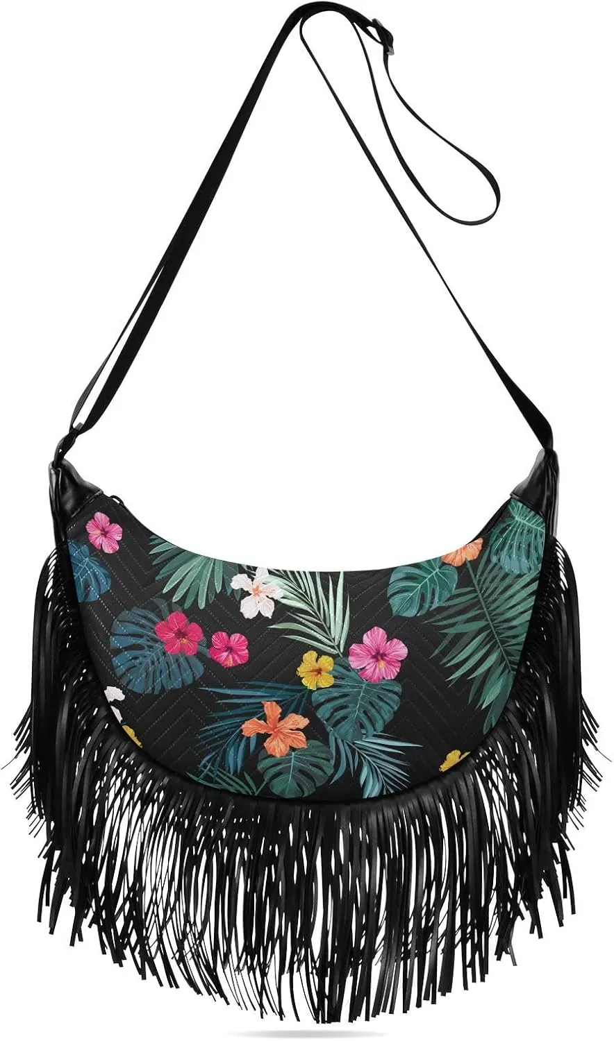 Tropical Flowers Exotic Leaves Fringe Bag for Women Cross Body Bag Tassel Shoulder Bag Satchel