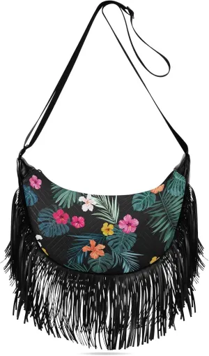 Tropical Flowers Exotic Leaves Fringe Bag for Women Cross Body Bag Tassel Shoulder Bag Satchel