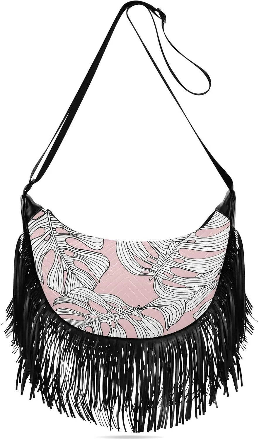 Tropical Monstera Leaves Pink Fringe Bag for Women Cross Body Bag Tassel Shoulder Bag Satchel