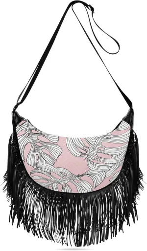 Tropical Monstera Leaves Pink Fringe Bag for Women Cross Body Bag Tassel Shoulder Bag Satchel