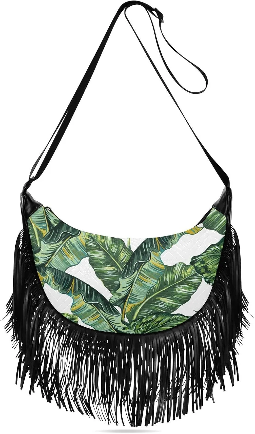 Tropical Palm Leaves Jungle Leaves Fringe Bag for Women Cross Body Bag Tassel Shoulder Bag Satchel
