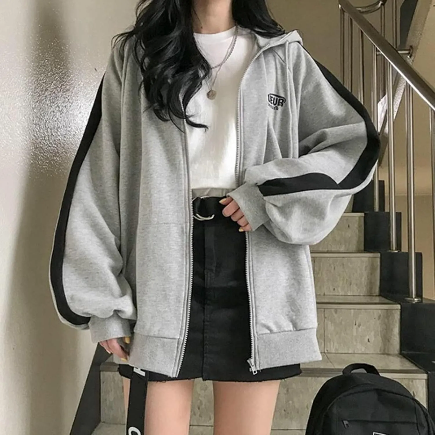 tuduoms Varsity Jacket Women's Cute Hoodies Teen Girl Fall Jacket Oversized Sweatshirts Casual Sport Coat Zip Up Y2K Hoodie