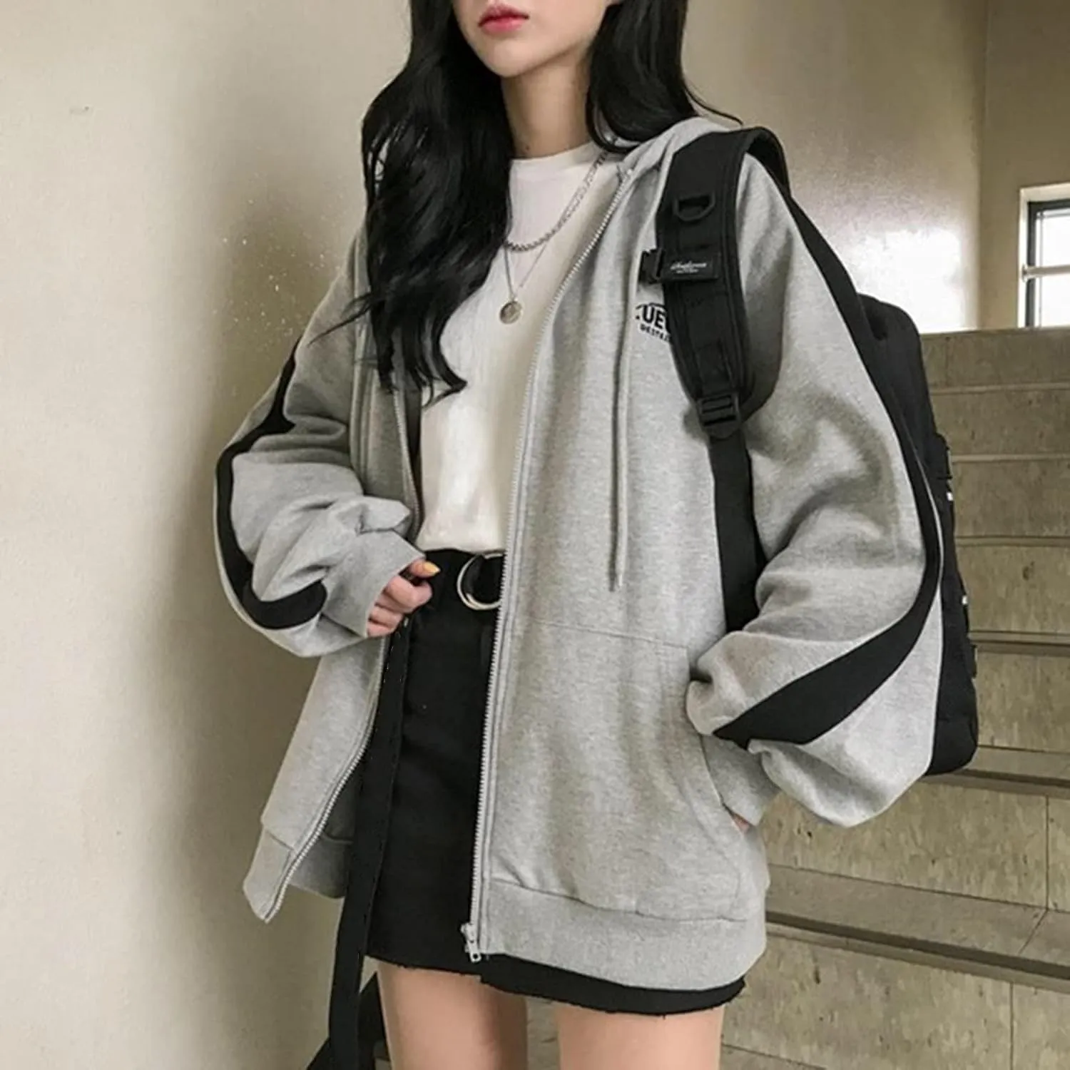 tuduoms Varsity Jacket Women's Cute Hoodies Teen Girl Fall Jacket Oversized Sweatshirts Casual Sport Coat Zip Up Y2K Hoodie
