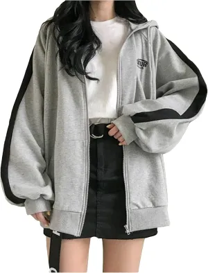 tuduoms Varsity Jacket Women's Cute Hoodies Teen Girl Fall Jacket Oversized Sweatshirts Casual Sport Coat Zip Up Y2K Hoodie