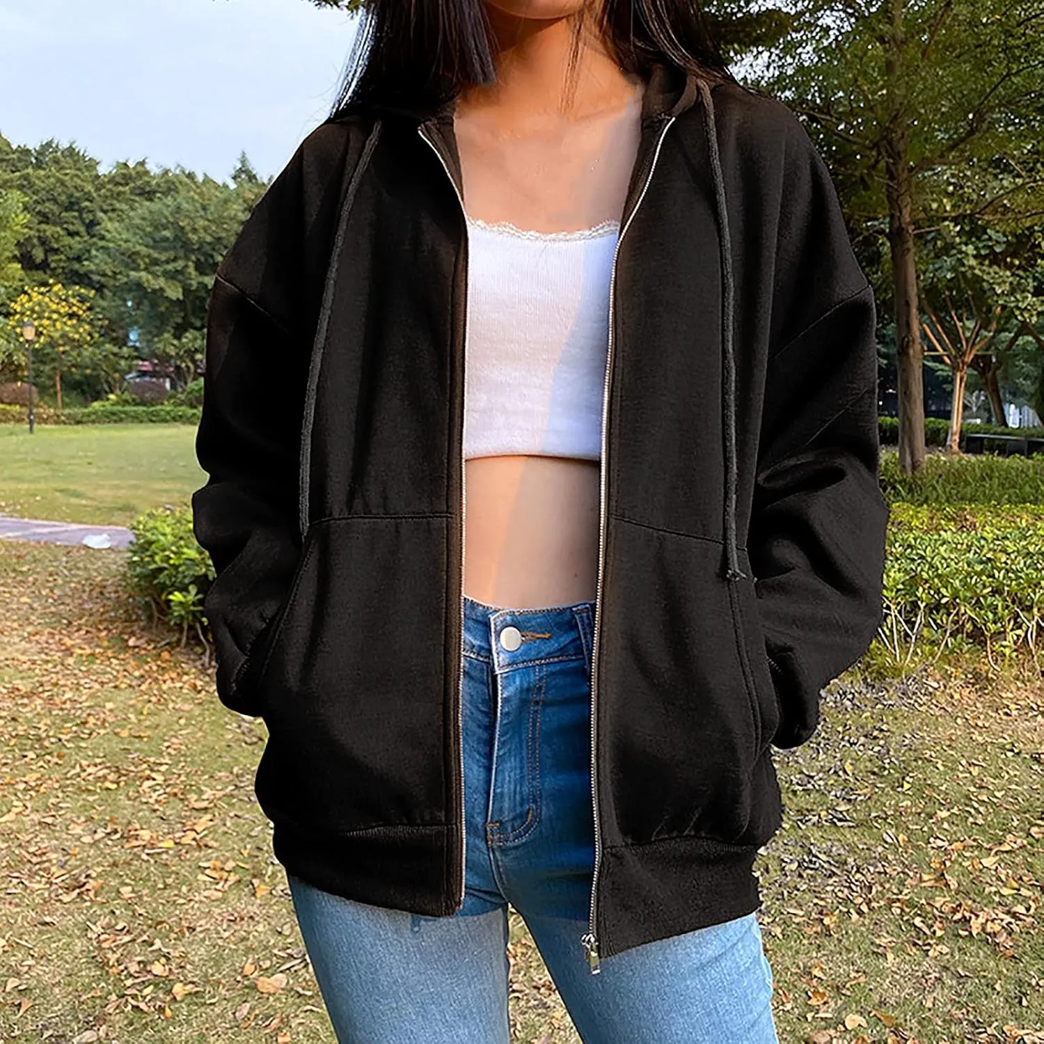 tuduoms Women's Drawstring Oversized Zip Up Hoodie Hooded Fleece Vintage Sweatshirts Teen Girls Casual Light Jackets Pockets