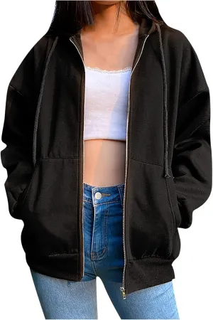 tuduoms Women's Drawstring Oversized Zip Up Hoodie Hooded Fleece Vintage Sweatshirts Teen Girls Casual Light Jackets Pockets