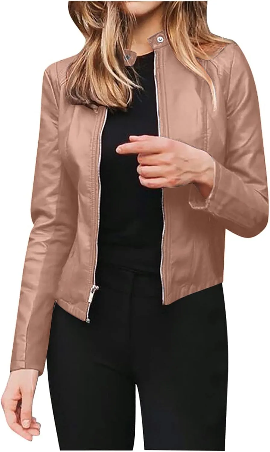 tuduoms Womens Fashion Leather Short Jacket Zip Up Moto Biker Slim Fit Motorcycle Jackets Coat Lightweight Bolero Outwear