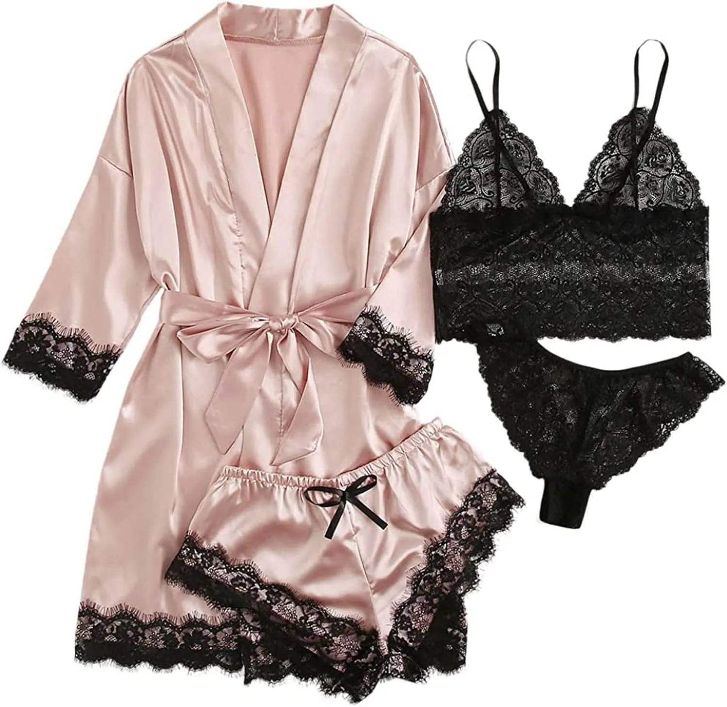 Uillui Women Sexy Pajama Satin Lingerie Robe Set with Bra and Panty 4PCS Pjs Silk Sleepwear Lace Trim Cami Shorts Loungewear