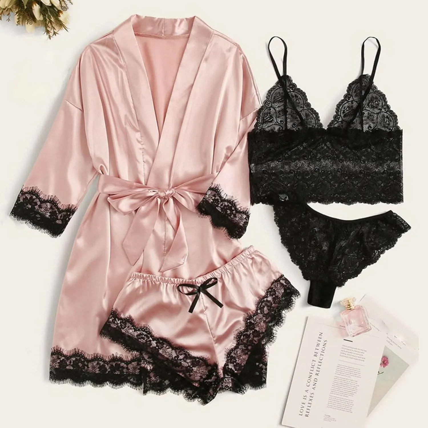 Uillui Women Sexy Pajama Satin Lingerie Robe Set with Bra and Panty 4PCS Pjs Silk Sleepwear Lace Trim Cami Shorts Loungewear