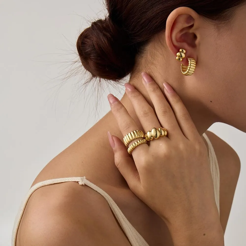 UneDouce Gold Chunky Dome Rings for Women | Textured Puffy Statement Band Ring Stacks | 14K Gold Plating Adjustable Rings for Women